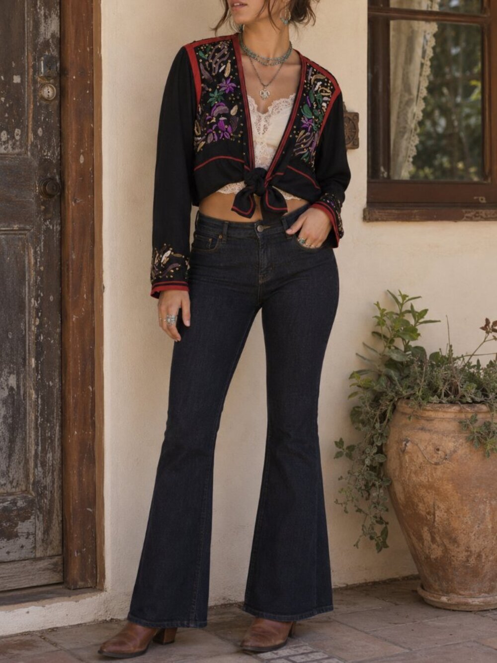 Oboe Embroidered Tie Front Cardigan Boho Beaded Floral Cropped Jacket Black